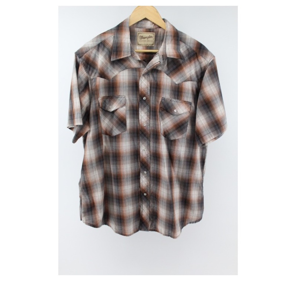 VTG Wrangler Western Pearl Snap Shirt Men's XL Black Red Plaid Short Sleeve Cowb